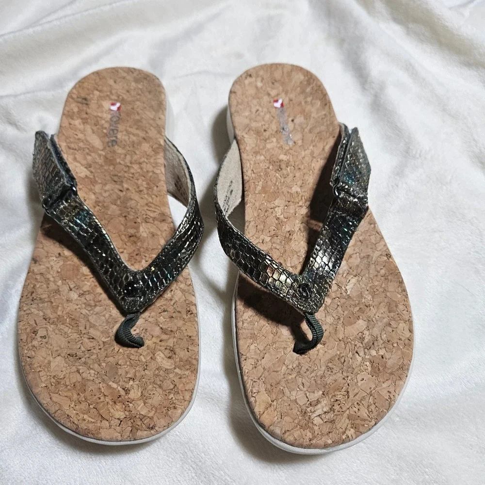Revere Napoli Peacock Python Orthotic Thong Sandals Womens 7 Metallic Green Cork